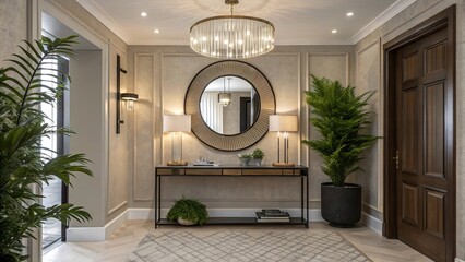 A luxurious and elegant entryway featuring a console table, large round mirror, chandelier, and potted plants, creating a sophisticated interior design.