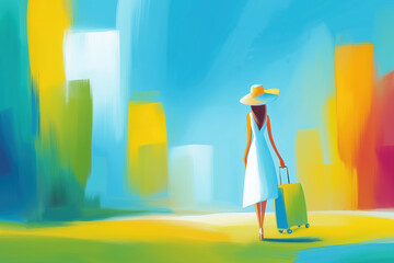A vibrant, abstract painting of a colorful beach scene. Features a row of beach umbrellas and huts in a modern, painterly style. Ideal for summer, travel, and vacation concepts.