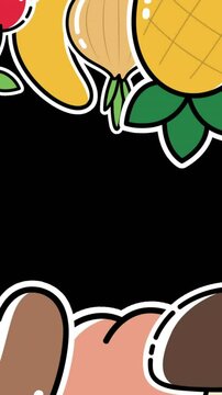 Animation of vegetables and fruits frame on black background