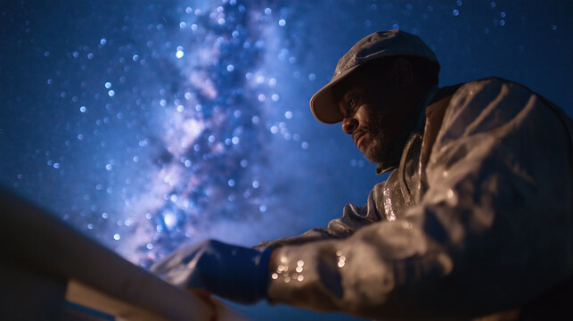 Zoologist Tagging Bioluminescent Squid Under Starry Skies