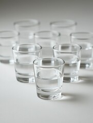 Many clear glasses of clear liquid on a white surface