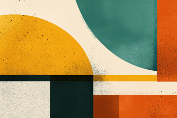 Mid-century modern abstract background with retro color blocks. Flat illustration style with minimal geometric shapes and a textured background. Vintage poster aesthetic.