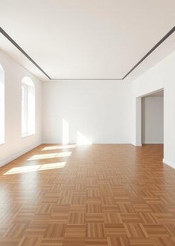 Minimalist interior of an empty room featuring white walls and wooden parquet flooring showcasing modern architecture illuminated by soft morning light designed for mock up use with ample copy spa Em
