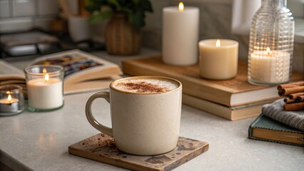 Obraz premium A cozy scene with a steaming mug of coffee, cinnamon sticks, and lit candles on a countertop.