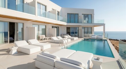 Fototapeta premium Modern white villa with a swimming pool overlooking the ocean, featuring sun loungers and glass balconies.