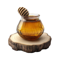 Glass honey jar with dipper on wood base isolated on transparent background