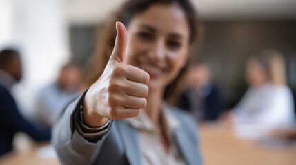 A woman is confidently showing a thumbs up gesture while seated at a table with colleagues during a team discussion at a contemporary office