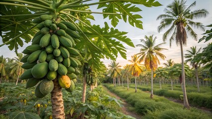 A lush papaya tree heavily laden with green fruit stands prominently in a tropical plantation, with rows of palm trees extending into the distance under a warm, golden sunset sky.