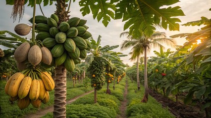 A lush papaya plantation showcasing various stages of fruit development under a bright sky.