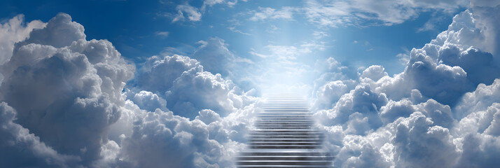 Stairs to heaven in beautiful blue sky. Stairway through the clouds leading to heavenly light. Heavens gate. After life concept in christian religion