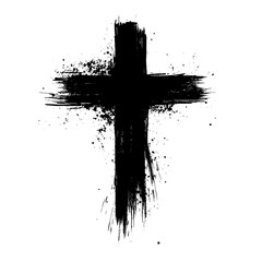 Grunge Black Cross Symbol on White Background, Abstract grunge cross painted in black ink with splatter effect, symbolizing faith, spirituality, and artistic expression 


