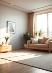 Fototapeta premium Blur living room at home with morning sunlight at big window for background usage blur interior background concept white britht tone : generative ai Empty room interior design Ultra realistic Photo