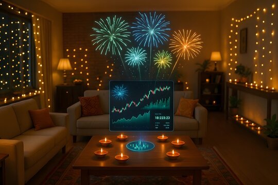 Augmented Reality Stock Market Dashboard with Fireworks and Diyas in Indian Living Room During Diwali Festival - Powered by Adobe