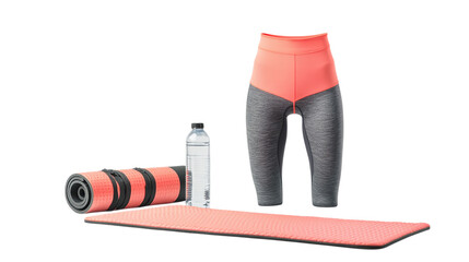 • A trendy gym outfit with a water bottle and yoga mat, isolated on white background in HD 