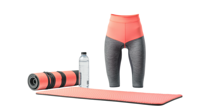 • A trendy gym outfit with a water bottle and yoga mat, isolated on white background in HD 
