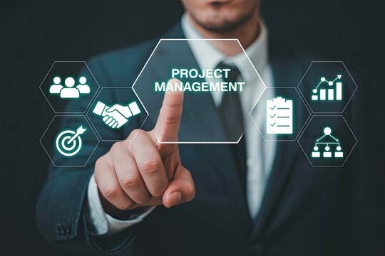 Business professional touching a digital interface displaying project management icons for teamwork goals and progress tracking