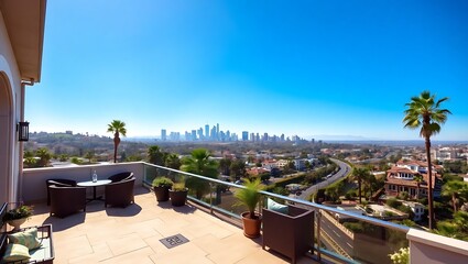 Fototapeta premium Beverly Hills luxury terrace, Los Angeles skyline view, palm trees, Hollywood glamour style