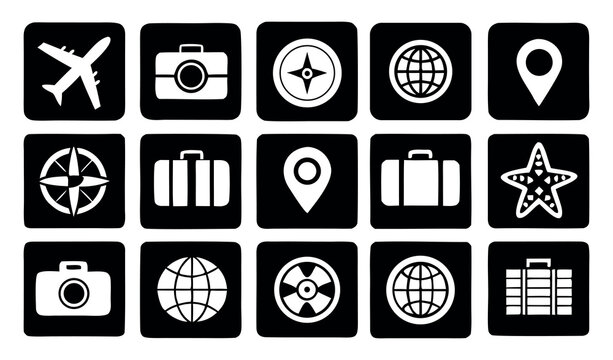 Modern Travel Icon Sets with Airplane, Map, Luggage, and Passport on White Background