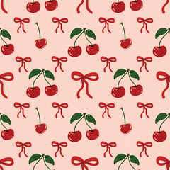 Seamless pattern with cherry and ribbon bow  on pink background vector illustration.