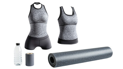 • A trendy gym outfit with a water bottle and yoga mat, isolated on white background in HD 
