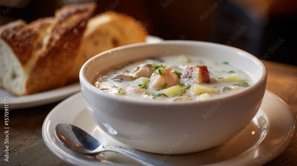 Aufkleber a beautiful bowl of clam chowder with chunks of tender clams, potatoes, and celery, served with a si