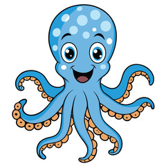 Cheerful blue cartoon octopus with spotted head and happy face on a white surface © Shipon