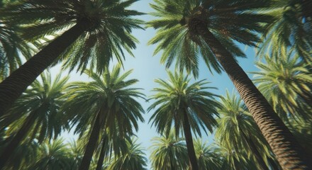 Fototapeta premium Palm Trees Against a Sunny Sky A Tropical Paradise View Upward into the Canopy