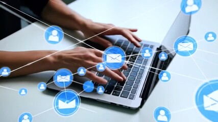 close up human hand sending email. floating virtual icons of envelope connected with human avatars representing digital communication and networking. - Powered by Adobe