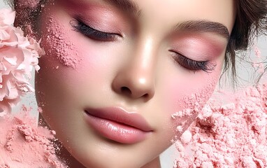 Graphic layouts for beauty advertising featuring a model with vibrant makeup effects, face powder cosmetics advertising, Generative AI