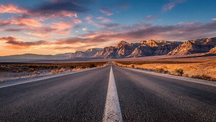 Naklejka premium High quality photo of scenic desert highway leading towards majestic mountains at sunset.