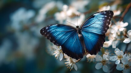 A blue morpho butterfly resting on a delicate white blossom, its wings shimmering in the sunlight.