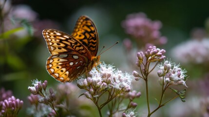 Obraz premium A butterfly with intricate wing patterns drinking nectar from a lush garden filled with wildflowers.