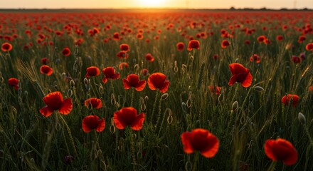 Obraz premium Sunset Poppy Field Vibrant Red Flowers at Golden Hour