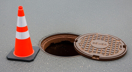 Orange construction cone next to an open manhole and its sewage cover on asphalt road. Safety warning equipment for road work, maintenance sewage