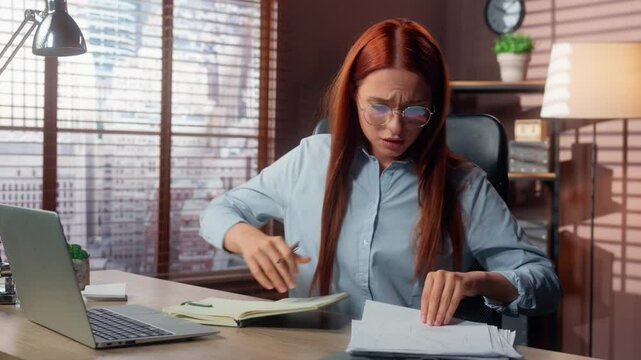 Business female woman businesswoman in panic looking for necessary papers searching worried in stress throwing away finding important document report in office girl worker in company stressed job