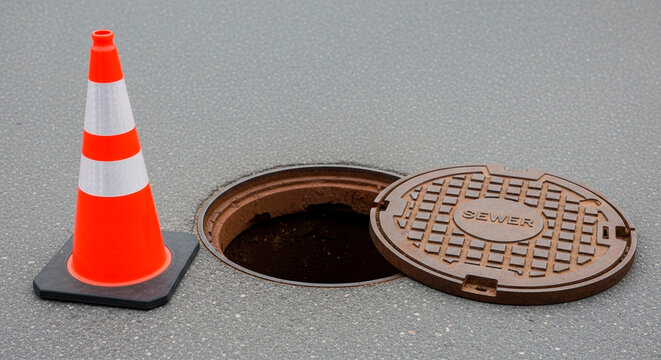 Orange construction cone next to an open manhole and its sewage cover on asphalt road. Safety warning equipment for road work, maintenance sewage