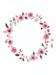 Naklejka premium garland of small pink roses with leaves with free space in the center on white background, vector illustration.