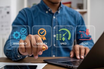 Businessman interacting with a digital interface displaying icons for efficiency quality speed and cost optimization
