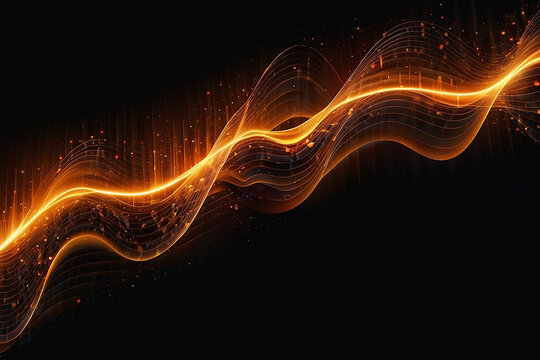 Glowing orange wave of light and particles flowing across a dark background.