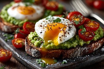 Photorealistic Rustic Sourdough Toast with Avocado, Poached Egg, Cherry Tomatoes, and Herbs in a Cozy Vintage Kitchen Setting with Refined Details