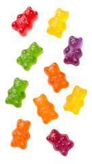 Falling Colorful jelly gummy bear, isolated on transparent background