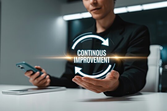 Businessman presenting continuous improvement concept with circular arrows and a glowing light effect while holding a smartphone