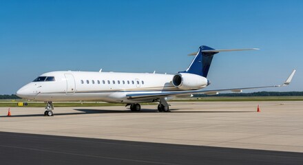 Obraz premium White jetliner on tarmac, ready for departure, clear blue sky.
