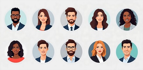 Diverse cartoon portraits of men and women in business attire diverse people