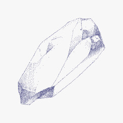 Mystical blue crystal formation in elegant stipple sketch style. Gritty halftone shading, vintage charm to magical mineral illustrations.