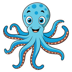 Adorable blue octopus cartoon character smiles with friendly eyes and waving tentacles joyfully