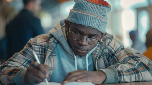 A young person sitting at a table with paper and pen, possibly writing a letter or journal entry