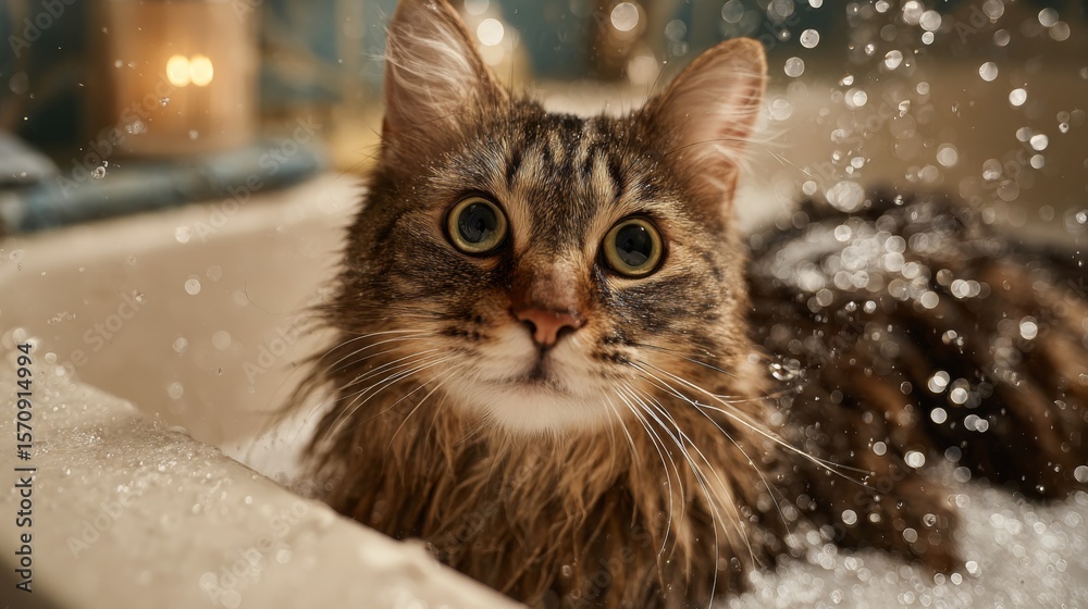 Poster A close-up of a cat sitting in a shallow bath with gentle water splashing around, showing its curious expression and wet fur in a cozy bathroom setting.