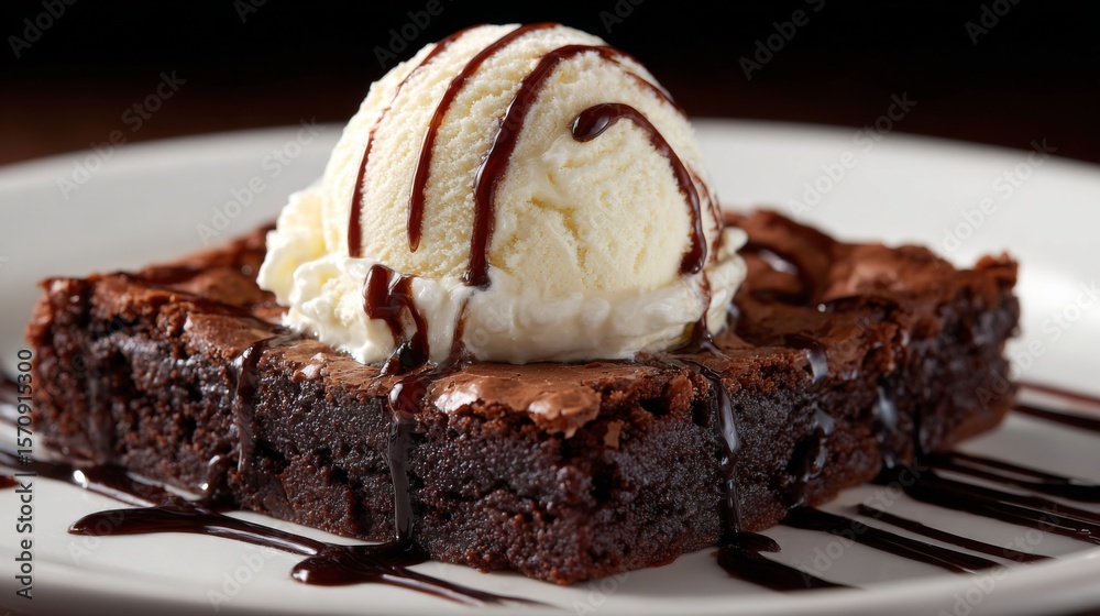 Aufkleber A close-up of a chocolate brownie topped with a scoop of vanilla ice cream and drizzled with chocolate sauce, creating an indulgent dessert scene