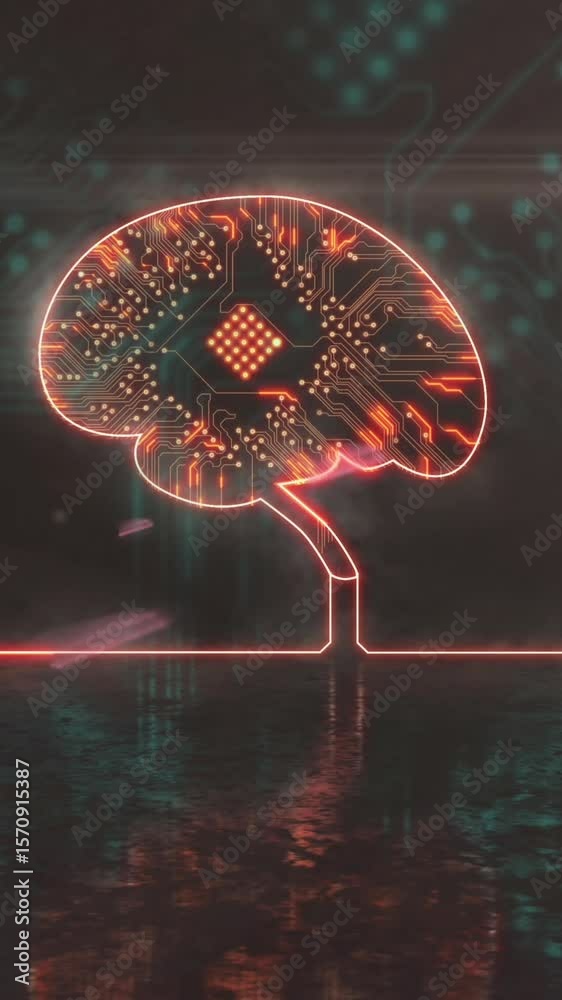 Poster animation of light trails over brain icon with computer circuit board on black background